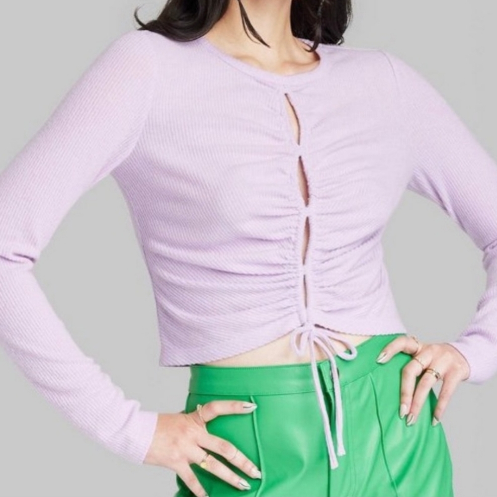 Wild Fable Women's Light Violet Long Sleeve Lace-Up Cozy Knit Blouse